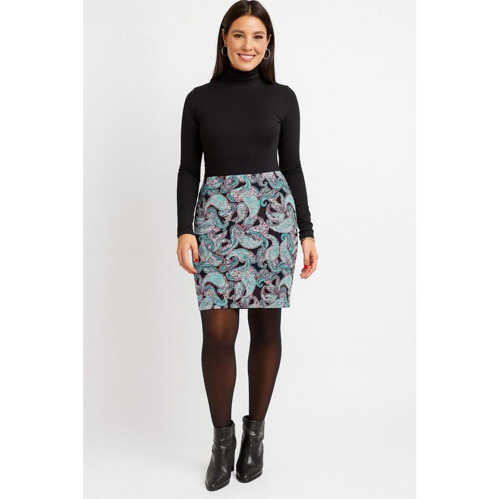 Talbots Blue Black Pink Paisley Hi/Lo Hem Modest Back Split Pencil Skirt, 8
